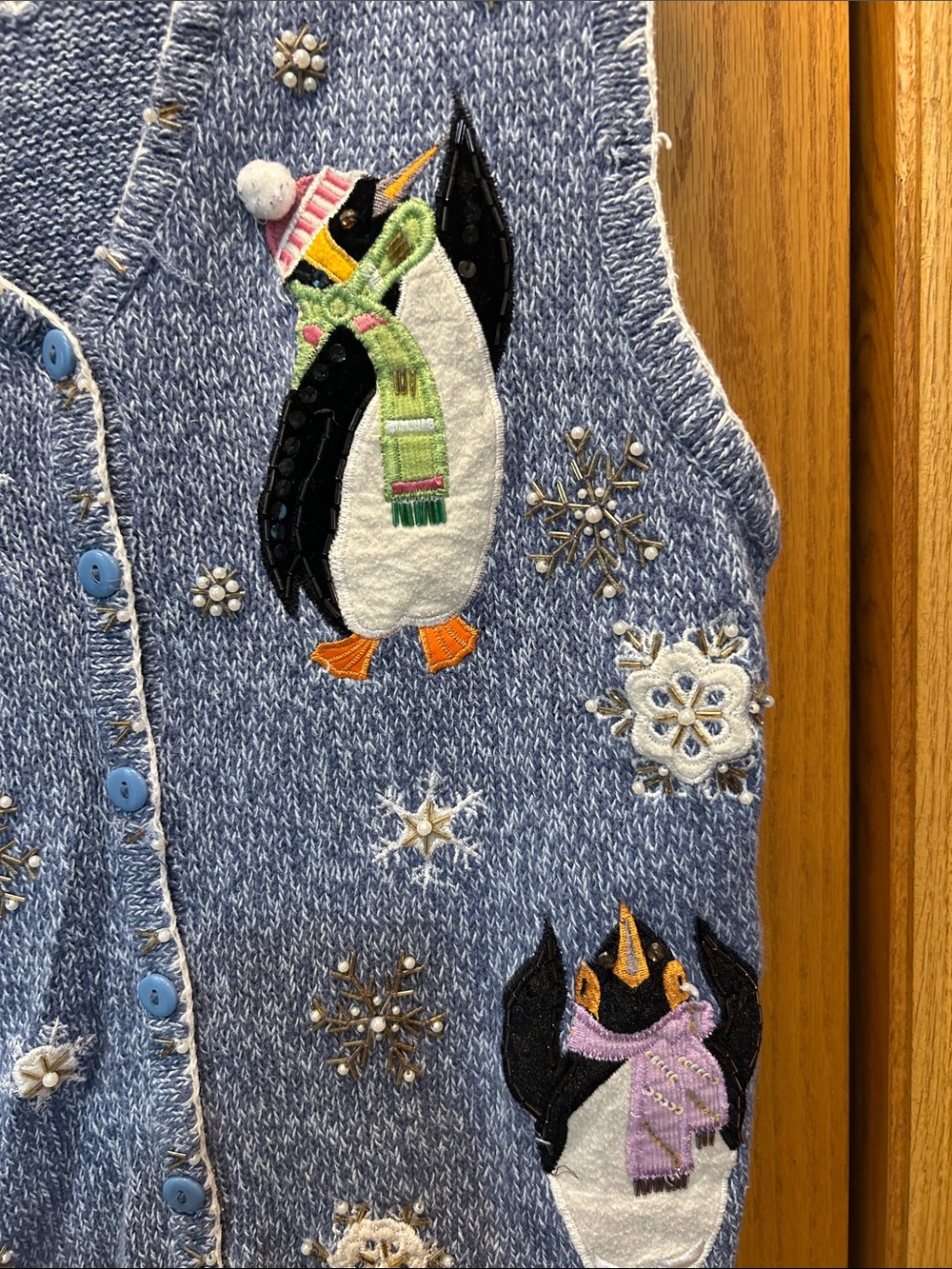 Blue Holiday Penguin Knit Vest. Size 1X. - Picture 3 of 6